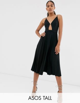 ASOS DESIGN Tall minimal pleated midi dress with gold bar detail