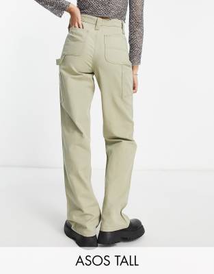 ASOS DESIGN Tall - Minimalistische Cargohose in Khaki mit Kontrastnähten-Grün