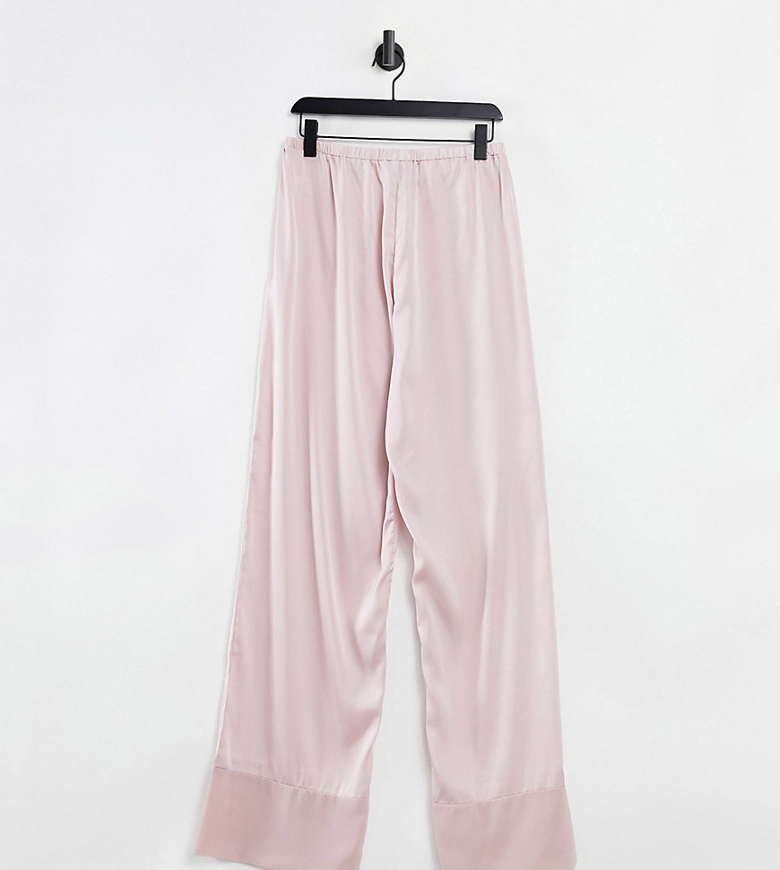 ASOS DESIGN - Tall - Minkgrå pyjamasbyxor i satin med kontrasterande muddar-Beige
