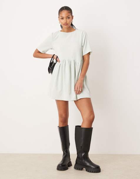 ASOS DESIGN Tall - Mintgrøn T-shirt-minikjole med smock-snit og taljesømme i fløjl - view 1