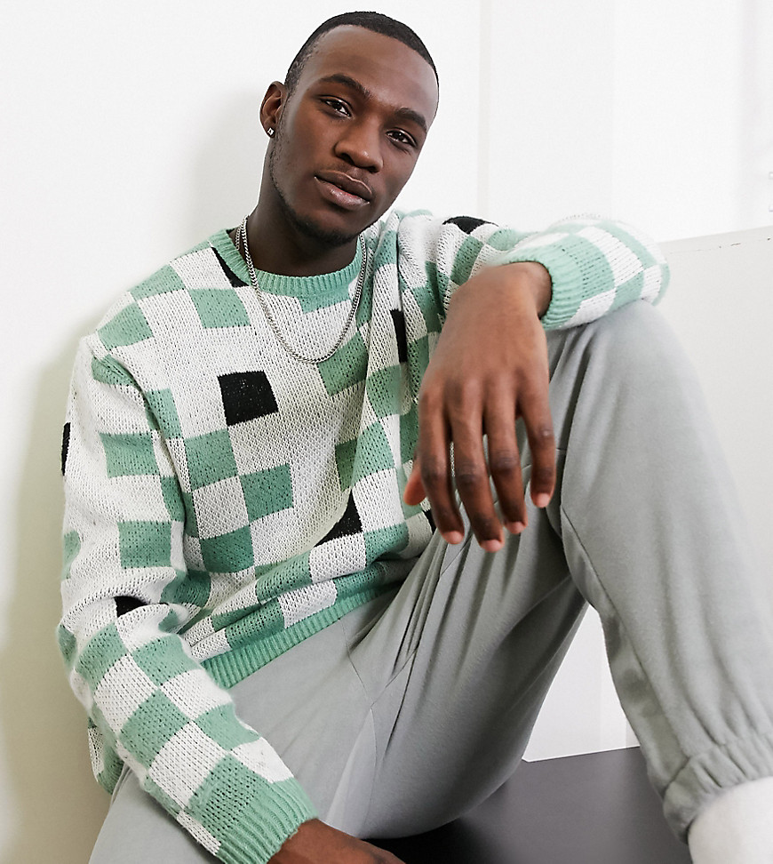 ASOS DESIGN Tall – Mintgrön schackrutig tröja i oversize-Blå