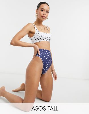 ASOS DESIGN Tall - Mix and Match - Bikinihose in Navy mit hohem Bund, hohem Beinausschnitt und Punktemuster-Mehrfarbig