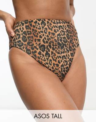 ASOS DESIGN Tall - Mix and Match - Gerippte Bikinihose mit hoher Taille und hohem Beinausschnitt in Leopardenmuster-Bunt