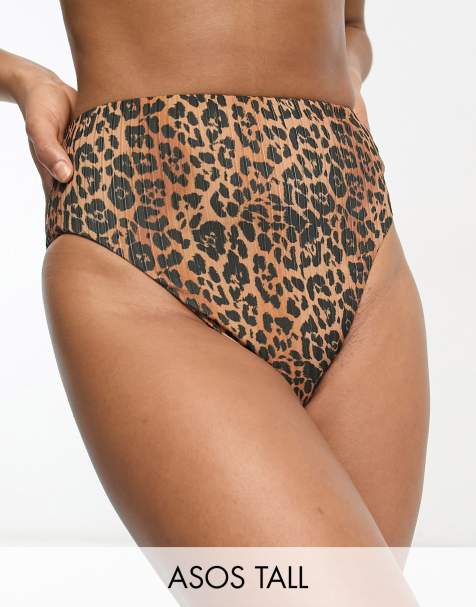 ASOS DESIGN Tall mix and match rib high leg high waist bikini bottom in leopard print