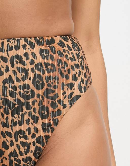 ASOS DESIGN mix and match ribbed high leg thong bikini bottom in leopard  print