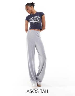 ASOS DESIGN Tall - Mix and Match - Superweiche Pyjama-Hose in meliertem Grau mit Spitzenborte und Print