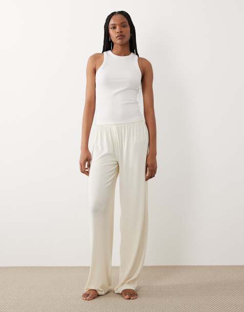 ASOS DESIGN Tall - Mix en match - Geribbelde pyjamabroek met wijde pijpen in ivoorwit - view 1