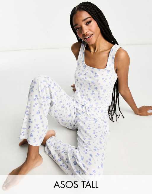 ASOS DESIGN Tall - Mix en match - Pyjamabroek in wit met fijne bloemenprint