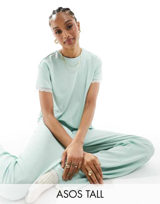 ASOS DESIGN Tall - Mix en match - Pyjamabroek van wafelstof en kant in groen