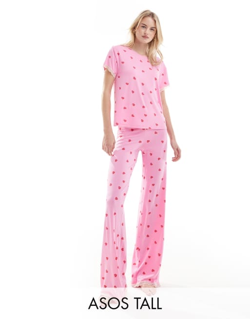 ASOS DESIGN Tall - Mix en match - Superzachte pyjamabroek met hartjesprint in roze