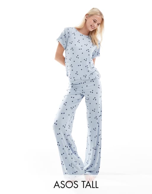 ASOS DESIGN Tall - Mix en match - Superzachte pyjamabroek met kanten afwerking en sterretjesprint in blauw