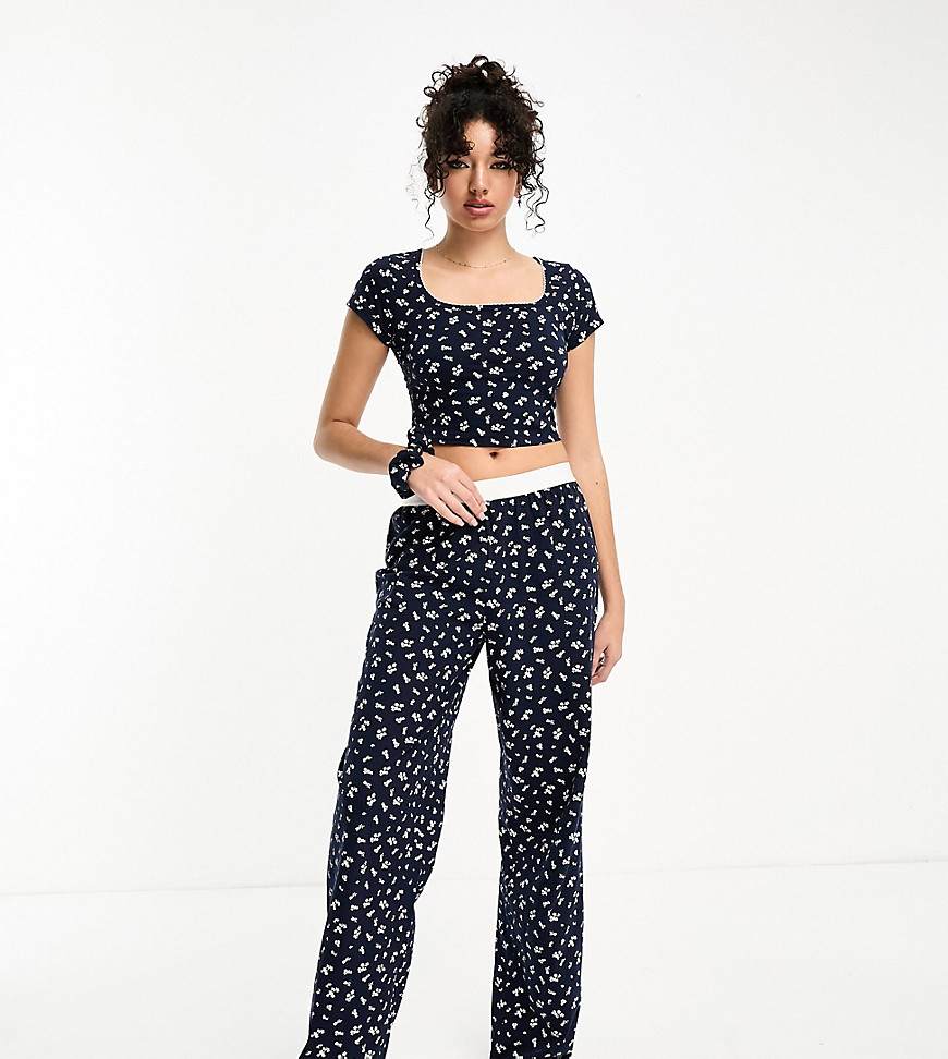Asos Design Tall Mix & Match Ditsy Print Pajama Pants With Exposed Waistband And Picot Trim In Navy