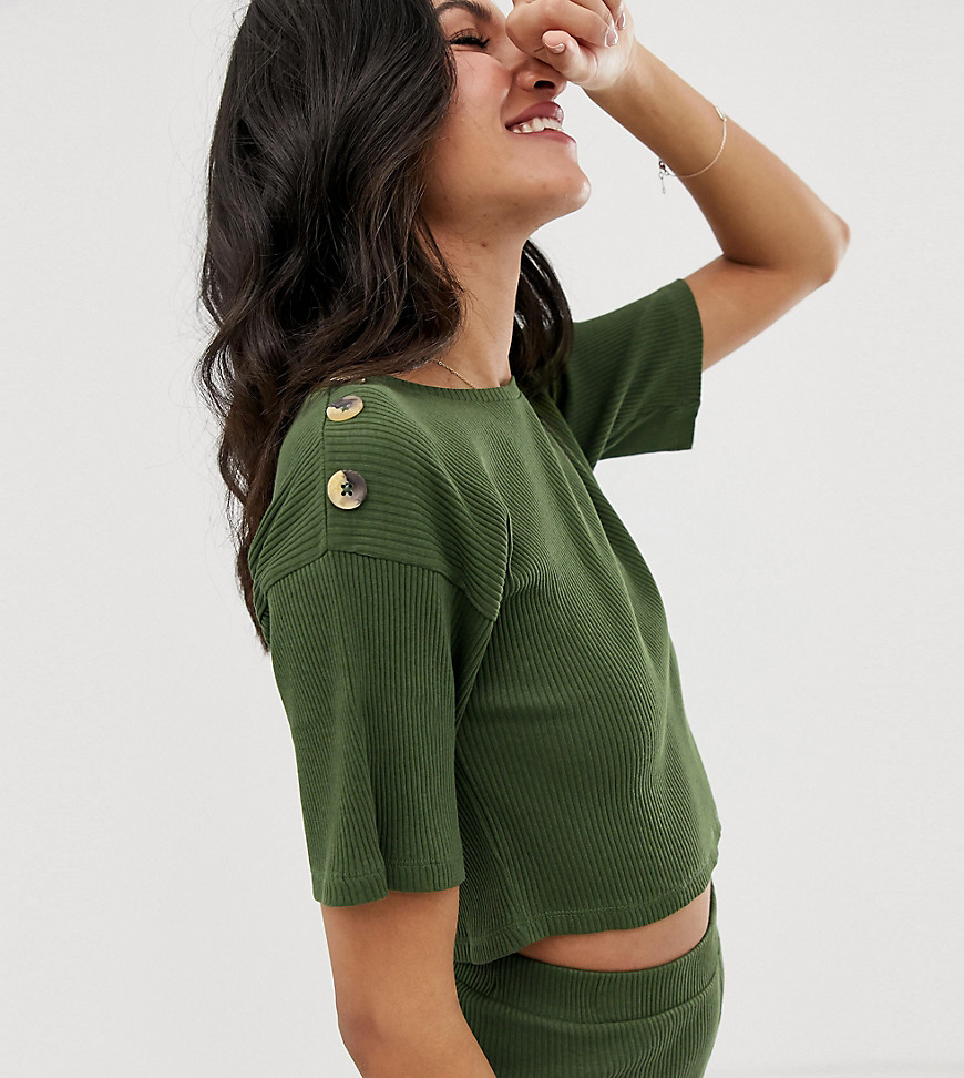 ASOS DESIGN Tall - mix & match - Geribbeld, ruimvallend T-shirt met tortoise knopen-Groen