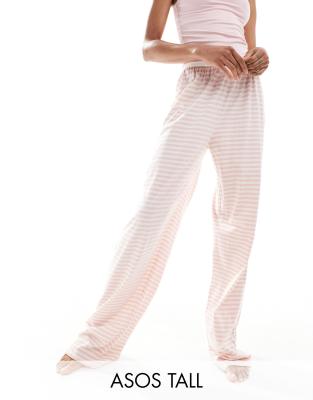 ASOS DESIGN Tall - Mix & Match - Gestreifte Pyjama-Hose in Rosa mit freiliegendem Bund und Picot-Besatz