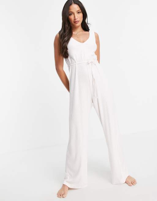 ASOS DESIGN Tall mix & match lounge super soft rib jumpsuit with waist tie in ecru, 4 of 4