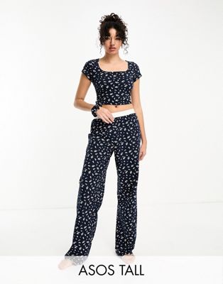 ASOS DESIGN Tall mix & match ditsy print pyjama trouser with exposed waistband and picot trim in navy - ASOS Price Checker
