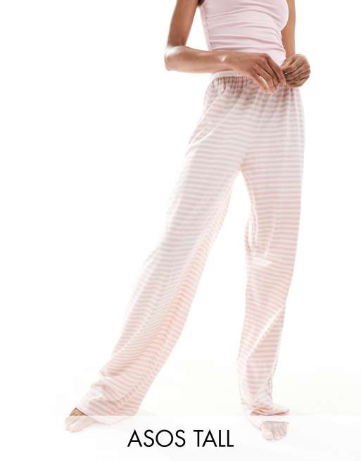 ASOS DESIGN Tall - Mix & Match - Pantaloni del pigiama rosa a righe con fascia in vita e bordo a festoncino