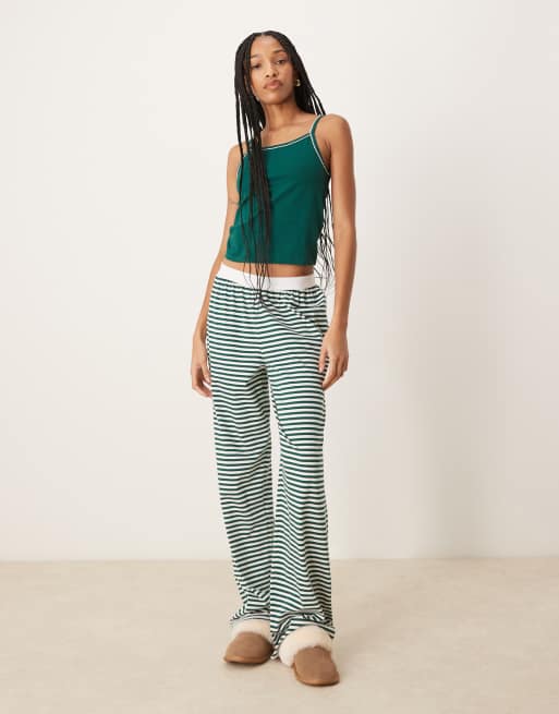 ASOS DESIGN Tall - Mix & Match - Pantaloni del pigiama verdi a righe con fascia in vita visibile e finiture a festoncino