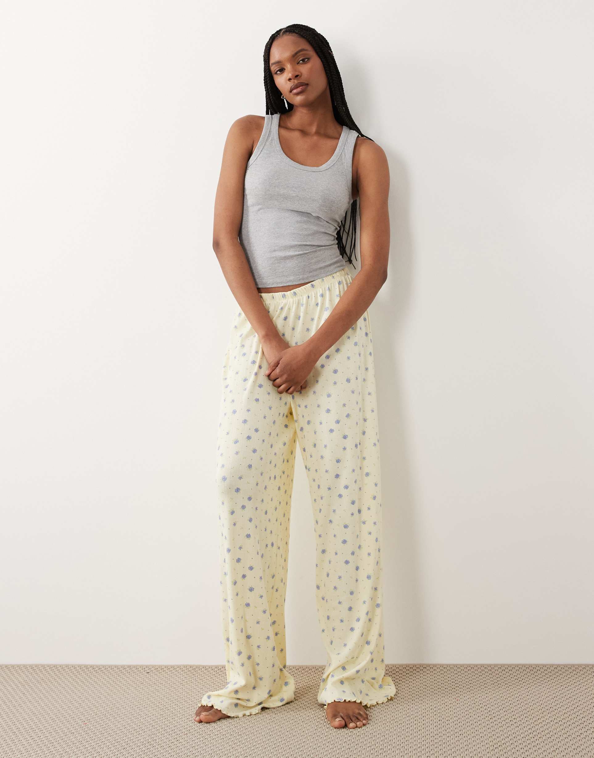 asos design tall mix & match pointelle pajama pants in buttermilk & blue ditsy print