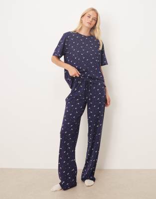 ASOS DESIGN Tall - Mix & Match - Pyjama-Hose aus Baumwolle in Marineblau mit Schleifenprint-Grün