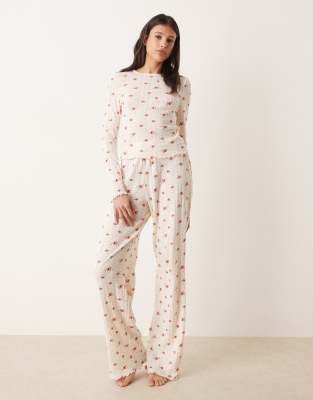 ASOS DESIGN Tall - Mix & Match - Pyjama-Hose aus Pointelle mit Blümchenmuster-Weiß