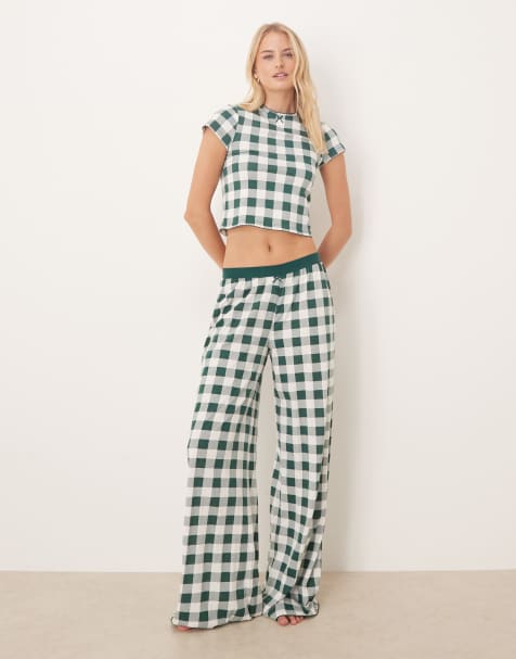 ASOS DESIGN Tall mix & match pyjama pants with velvet waistband in green check print - view 1