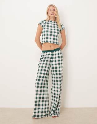 ASOS DESIGN Tall - Mix & Match - Pyjamahose in grün kariert mit Samt-Taillenbund