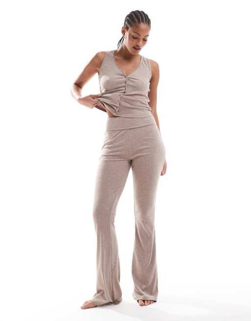 ASOS DESIGN Tall mix match rib fold over pajama pants in light brown