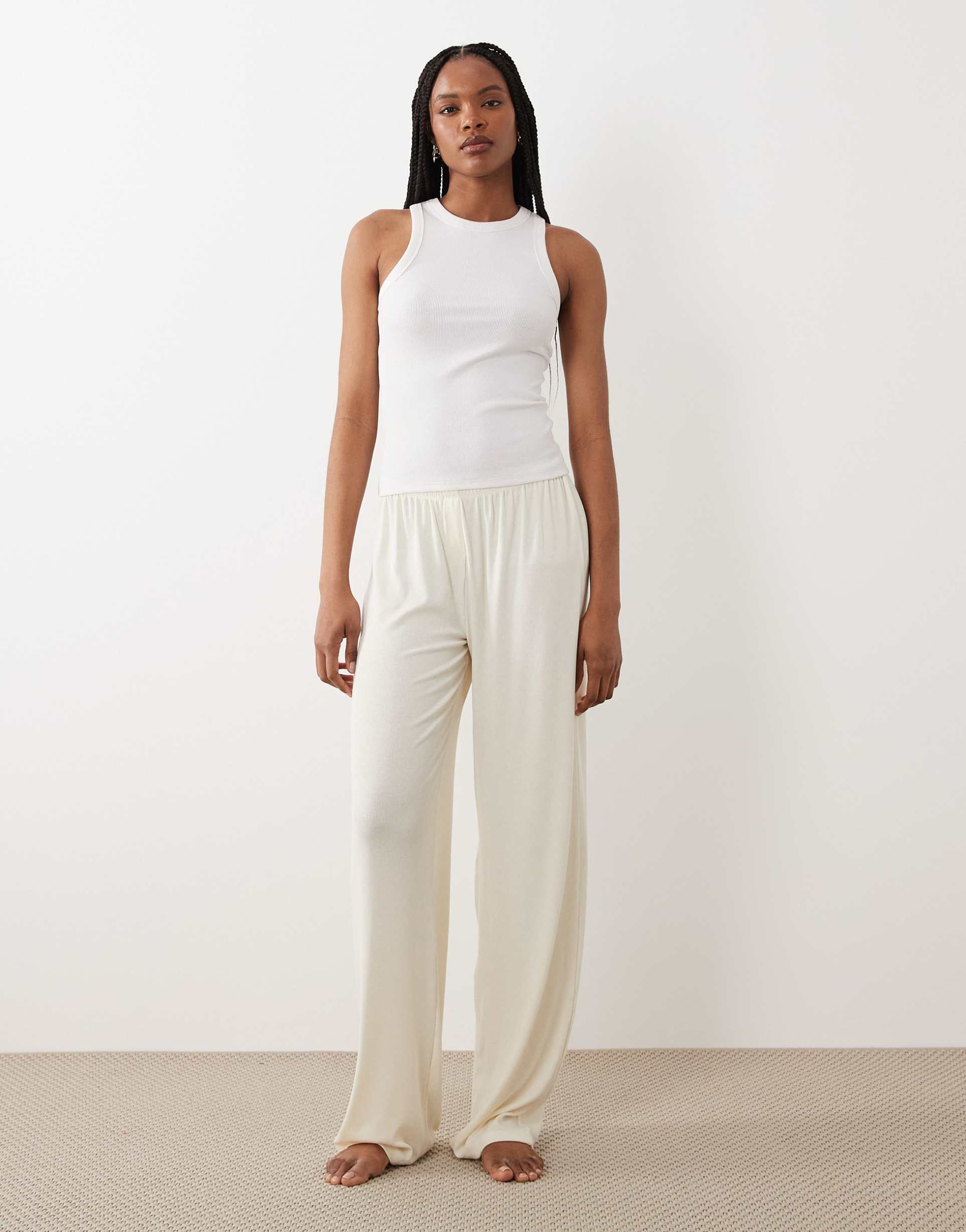 asos design tall mix & match rib wide leg pajama pants in ivory