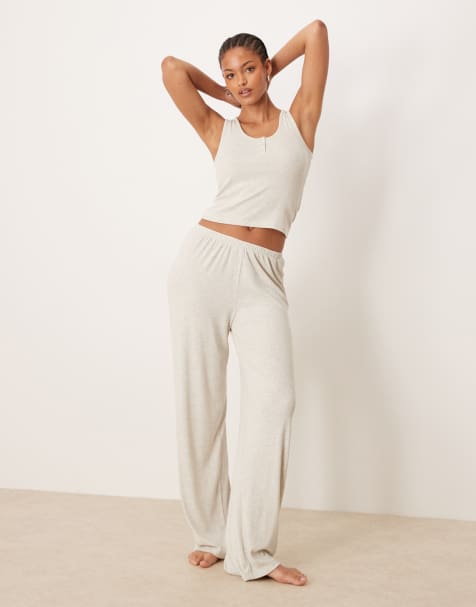 ASOS DESIGN Tall mix & match ribbed pajama pants in beige - view 1
