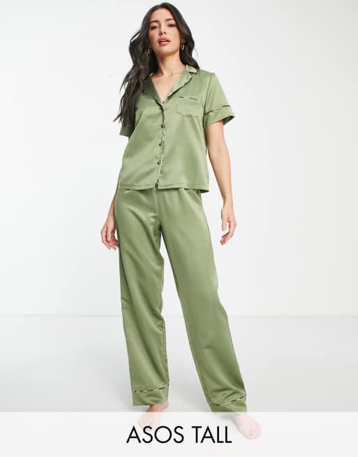 ASOS DESIGN Tall satin shirt & pants pajama set with contrast piping in  emerald green