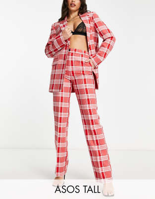 Asos Design Slim Fit Plaid Straight Leg Suit Trousers In Red