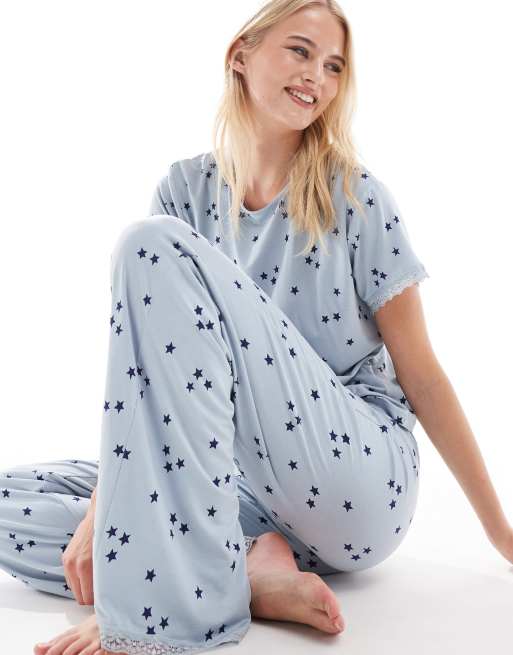 ASOS DESIGN Tall mix & match super soft star print pajama pants in blue with lace trim, 2 of 4
