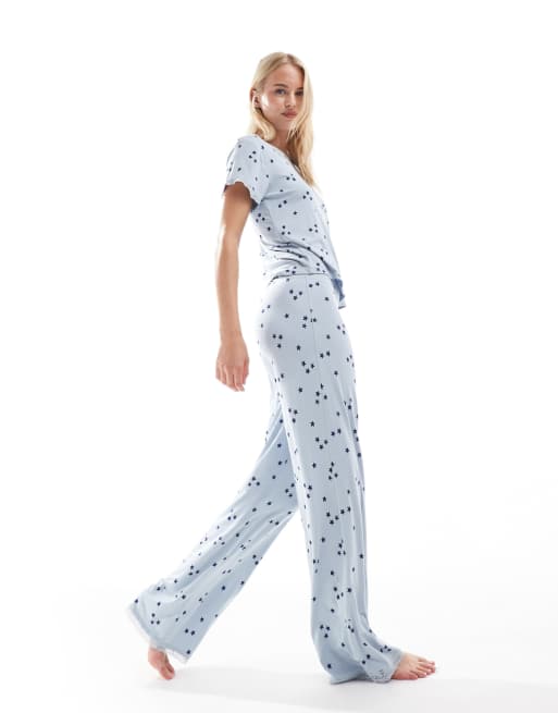 ASOS DESIGN Tall mix & match super soft star print pajama pants in blue with lace trim, 4 of 4