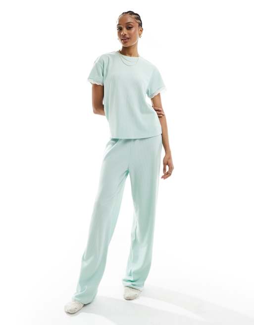 ASOS DESIGN Tall mix & match waffle & lace pajama pants in green, 2 of 4