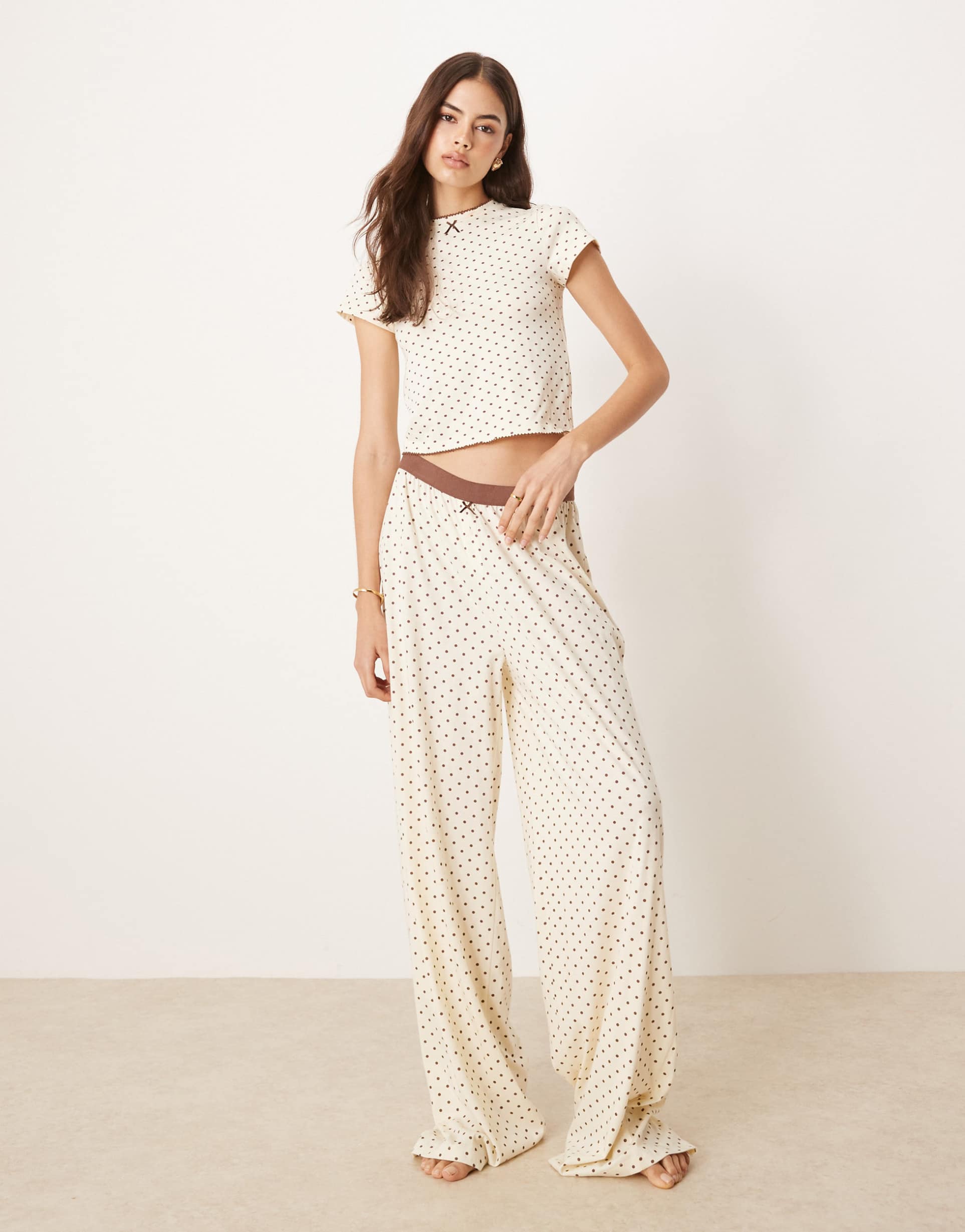 asos design tall mix & match wide leg pajama bottoms with velvet trim in cream & brown spot print