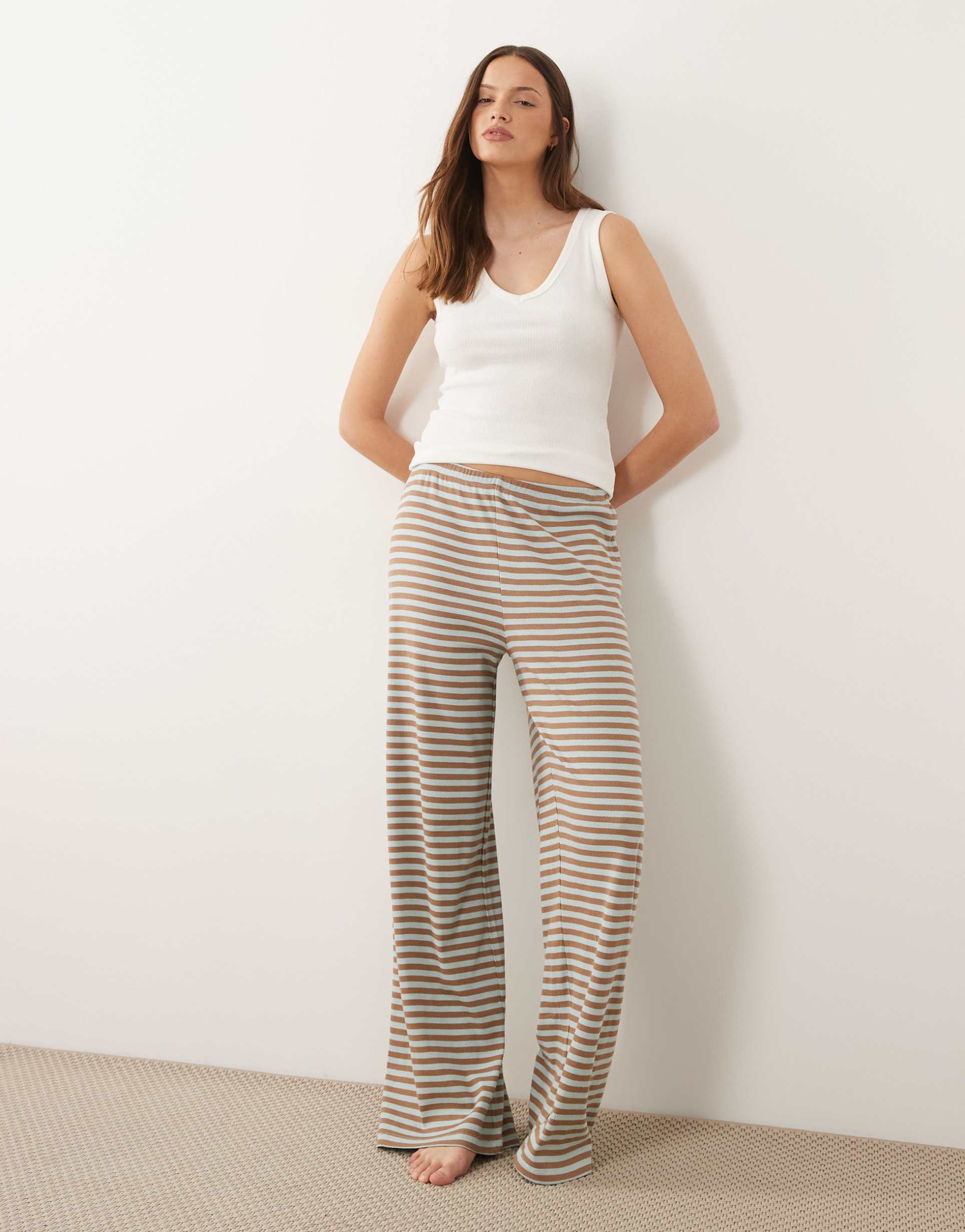 asos design tall mix & match wide leg pajama pants in mint & camel stripes