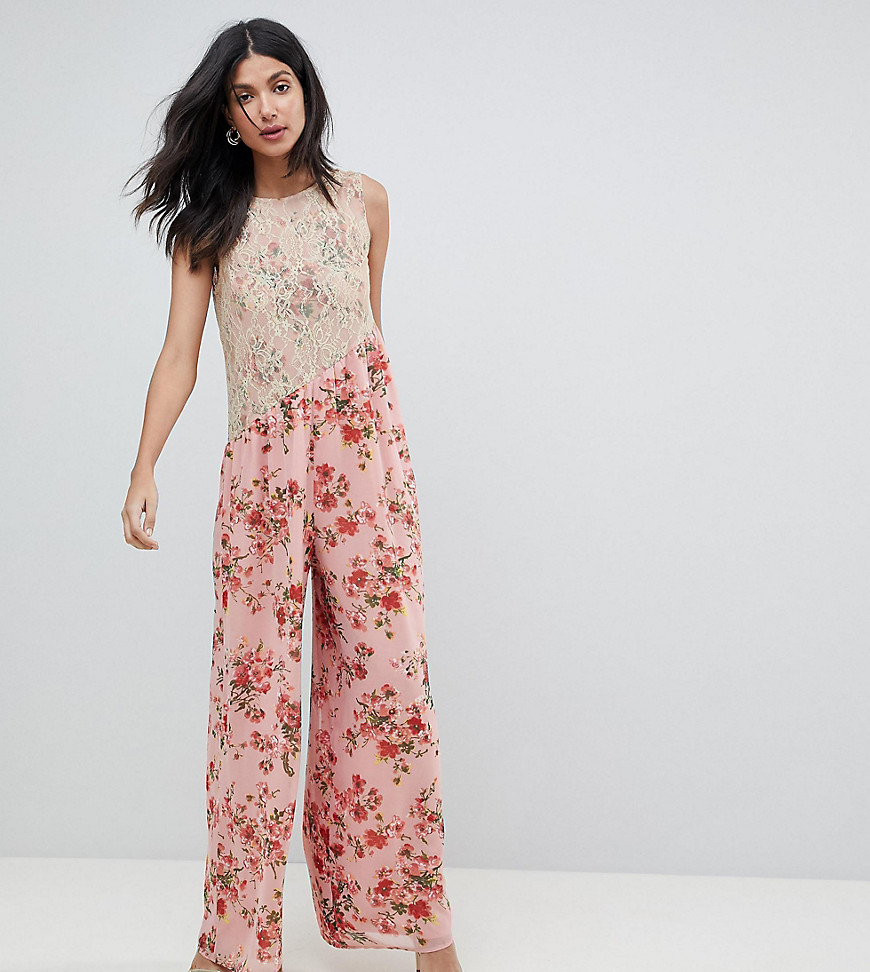 ASOS DESIGN Tall – Mjukt blommig jumpsuit med bodice med spetsdetalj-Rosa