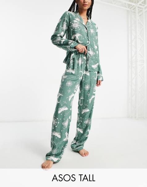 ASOS DESIGN soft jersey long sleeve shirt & pants pajama set with contrast  piping in heather gray