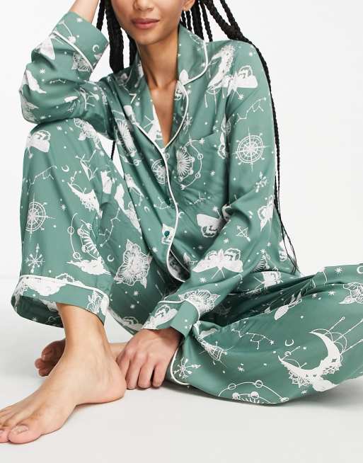 ASOS DESIGN Tall Satin Shirt & Trouser Pyjama Set With Contrast Piping In Emerald  Green for Women