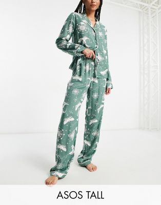 ASOS DESIGN Tall modal astrology shirt & trouser pyjama set in sage-Green