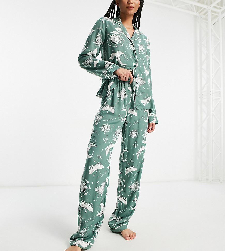 ASOS DESIGN Tall modal astrology shirt & trouser pyjama set in sage-Green