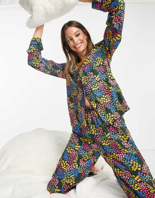 ASOS DESIGN Tall modal ditsy floral shirt & pants pajama set in black