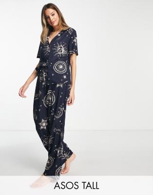 Asos Tall Asos Design Tall Modal Horoscope Shirt & Pants Pajama Set In Navy