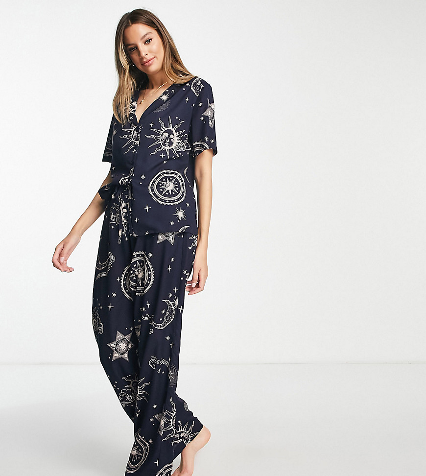 Asos Tall Asos Design Tall Modal Horoscope Shirt & Pants Pajama Set In Navy