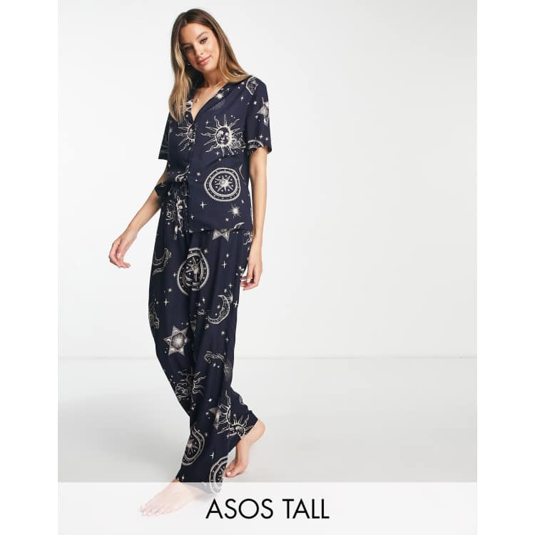 ASOS DESIGN Tall modal horoscope shirt & pants pajama set in navy