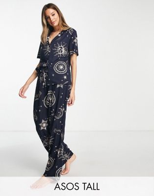 ASOS DESIGN Tall modal horoscope shirt & trouser pyjama set in navy