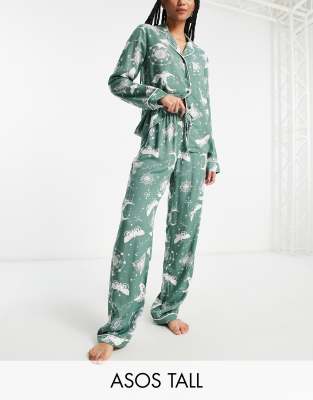 ASOS DESIGN Tall - Modal-Pyjama aus Hemd und Hose mit Astrologie-Muster-Grün