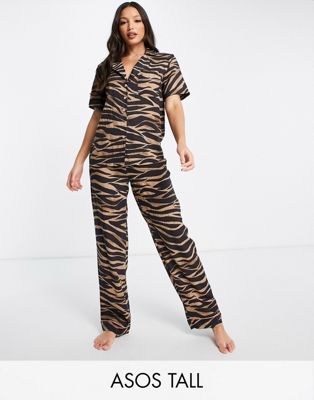 ASOS DESIGN Tall modal zebra print shirt & trouser with jacquard elastic waistband pyjama set in brown