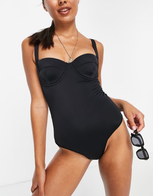 ASOS DESIGN fuller bust molded underwired swimsuit in black dd-g